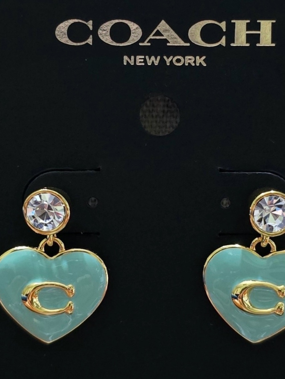NWT Coach Heart Drop Earrings Light Green Enamel Gold C Logo on Earring Card - Picture 2 of 9